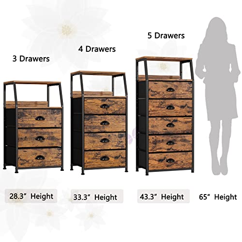 Furnulem Nightstand with 3 Drawers and 2-Tier Shelf, Fabric Small Dresser Organizer Vertical Storage Tower for Bedroom, Closet, Hallway, Nursery, End Table Side Furniture, Sturdy Steel Frame, Wood Top - color: Rustic Brown, style: 3 Drawers