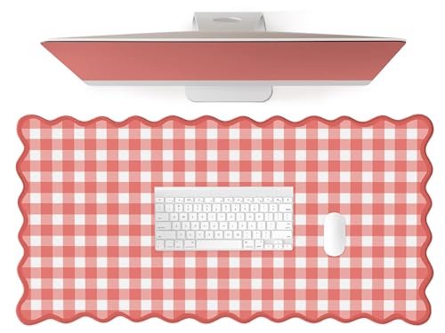 Scalloped‌ Checkered Gingham Desk Mat Cute Red XXL Large Mouse Pad Kawaii Cottagecore ‌Vintage‌ Rustic Girly Keyboard Computer Mat Pad Aesthetic Cozy Office Desk Decor for Women - color: A8-red