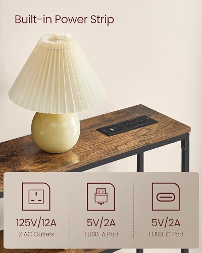 VASAGLE Console Table with Power Outlet, 2-Tier Narrow Sofa Table with 2 Shelves, 7.9 x 39.4 x 31.5 Inches, for Living Room, Hallway, Entryway, Rustic Brown and Ink Black ULNT136K01 - color: Rustic Brown + Ink Black, size: 39.4"W - With Power Outlet