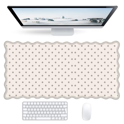 Dots Beige Scalloped Mouse Pad,Cute Kawaii Dot Large Desk Mat Non-Slip Rubber Base,Aesthetic Decor Gaming Computer Desk Pad for Office Laptop Mouse Keyboard Pad, 31.5" x 15.7", XL - color: Dots Beige