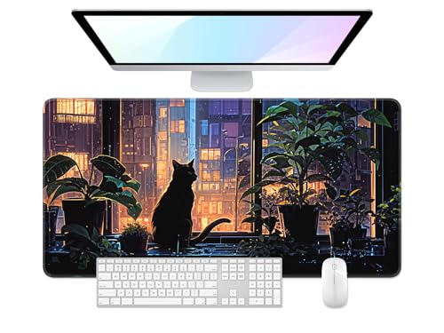 Desk Pad, 32" x 16" XXXL Extended Large Gaming Mouse Pad, Desktop Decor Desk Mat, Men Women Office Supplies and Accessories, Cute Anime Mouse Mat for Laptop & Keyboard, City Cat - color: Anime City Cat