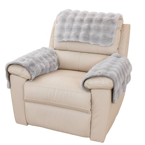 vctops 3 Pieces Faux Rabbit Fur Sofa Armrest Cover for Recliner Chair Non Slip Fluffy Furry Headrest Cover Soft Fuzzy Couch Cover for Dogs Washable Furniture Protector (Light Grey,1 Seat) - color: Light Grey