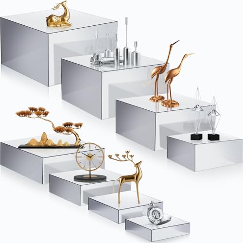 Geelin 8 Pack Acrylic Buffet Risers - 3 to 10 Inch Decorative Cube Boxes, Display Stands with Hollow Bottoms for Food Jewelry Table Display Supplies(Silver,Flat) - color: Silver, style: Flat