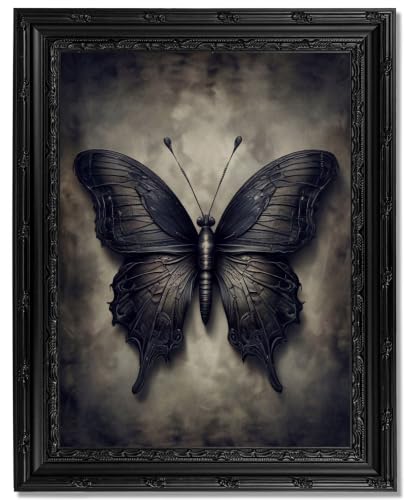 Gothic Black Butterfly Framed Wall Art - Dark Academia Witchy Canvas Print with Ornate Carved Frame, Ready to Hang Single Panel Decor for Bedroom Living Room Halloween - color: Black Butterfly, size: 16"L x 12"W