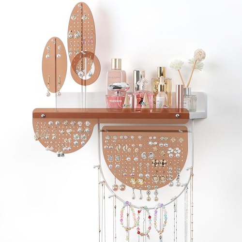 Keebofly Wall Mounted Hanging Jewelry Organizer - Acrylic Earring Organizer with Shelf for 444 Earrings, Sturdy Jewelry Tower for Earring, Stud, Necklace, Bracelet, Ideal Gifts for Women & Girls - color: White-Amber Acrylic