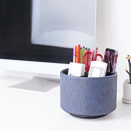 Round Leather Art Supply Organizer,Remote Control Holder,360 Degree Spinning,Multi-Functional Pencil Holder,4 Compartments Desktop Stationary Organizer(1-Carved Dark Blue) - color: 1-Carved Dark Blue