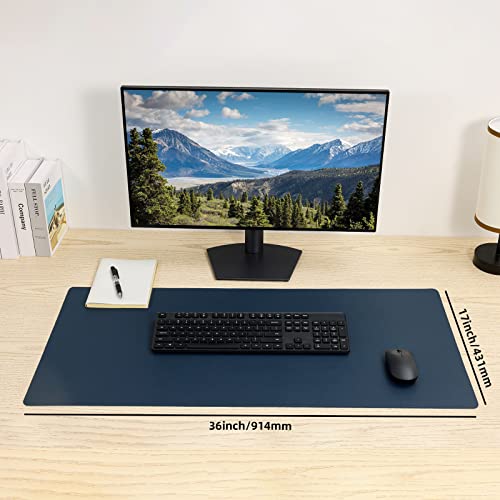 Wolaile PU Leather Desk Pad Blotter,Navy Waterproof Office Desktop Mat for Men,36x17in Non-Slip Large Mouse Pad/Writing Protector/Desk Accessories - color: Navy Blue