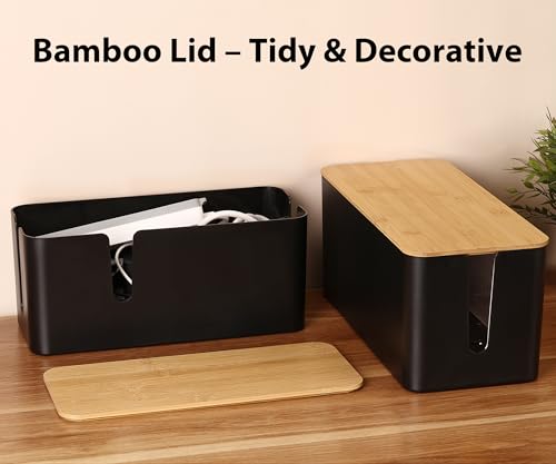 ZhiYo Cable Management Box, Power Strip Organizer, Large, 1 Pack, Black | Fits Power Strips Up to 12.5" Long, Natural Bamboo Lid, Extra-Tall Design for Oversized Adapters, Ideal for Desks, TV Areas - color: Black, size: Large