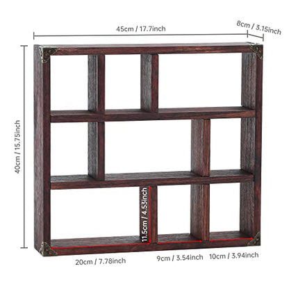 17.7x15.7-Inch Shadow Box Shelf 9-Slot Rustic Floating Shelves Larger Wall Mounted Shelf Lightweight Solid Wood Display Shelf Freestanding Farmhouse(Set of 2,9C-Rustic Walnut) - color: 9c-rustic Walnut, size: 2 PCS