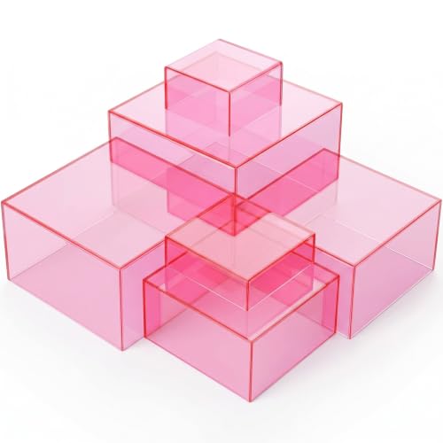Geelin 6 Pack Acrylic Risers for Display Acrylic Cube Boxes Risers Display Stands with Hollow Bottoms Decorative Stand for Jewelry Candy Table Decor 6 Sizes (Clear Pink,7 to 12 Inch,Square) - color: Clear Pink, size: 7 to 12 Inch, style: Square
