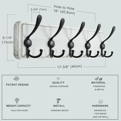 Dseap Coat Rack Wall Mounted - 5 Tri Hooks, Heavy Duty, Wooden Wall Coat Hanger Coat Hook for Clothes Hat Jacket Clothing, White & Black - color: White & Black, size: L=17.4"