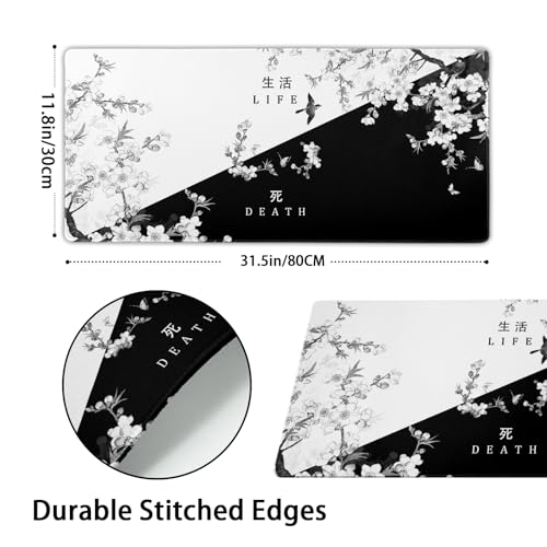 Black and White Cherry Blossom Gaming Mouse Pad XL，Large Mouse Pad Japanese Sakura Death Life Mouse Mat Desk Pad, Extended Stitched Non-Slip Rubber Edges Mousepad 31.5 X 11.8 Inch - color: Black and White Cherry Blossom, size: 31.5x11.8 Inch