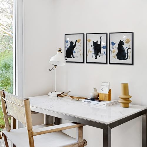 LoveHouse Framed Black Cat Silhouette Wall Art Cat with Blue and Gold Botanical Floral Canvas Prints for Cat Lovers Ready to Hang Kid's Room Bedroom Bathroom Wall Decor