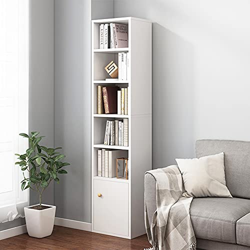 IOTXY Small Narrow Corner Bookcase - 59" Tall Free Standing Gap Storage Cabinet, 6 Lattices Open Shelves Tower Rack with Door, Cubes Bookshelf, White - color: White, size: 6-Cubes with Door