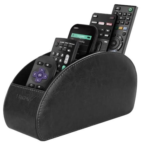 SITHON Remote Control Holder with 5 Compartments - PU Leather Remote Caddy Desktop Organizer Store TV, DVD, Blu-Ray, Media Player, Heater Controllers, Black - color: Black, size: Small