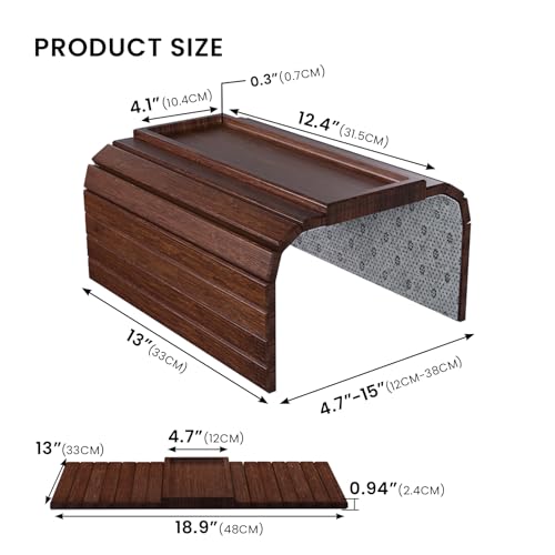 2 Pack Sofa Arm Tray, Bamboo Folding Couch Armrest Tray with Anti-Slip Pad For Drinks, Snacks, Phone, Remote Control (Brown) - color: Brown