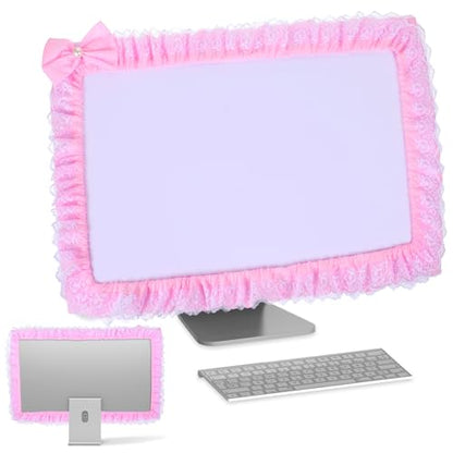 23''-27'' Pink Monitor Cover Lace, Cute Computer Monitor Decor with Bow, Adjustable Monitors Frame, Monitors Cover Cute for Women