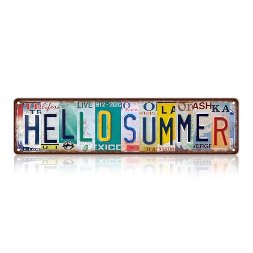 Vintage Hello Summer Metal Tin Signs Wall Decor | Man Cave Street Signs 16 x 4 Inches - color: Hello Summer