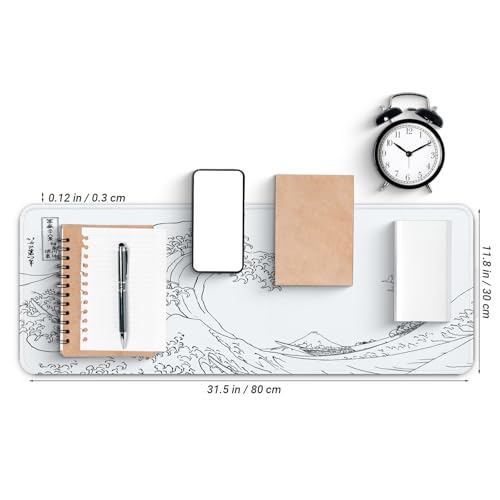 Gaming Mouse Pad, Large 31.5 x 11.8 inches Mousepad, Long Keyboard Pad, Cute Mouse Mat for Computer with Stitched Edges and Non-Slip Base (Japanese Grey White Wave) - color: Japanese White Wave