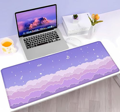 Cute Pastel Purple Desk Mat, Minimalist Large Gaming Mouse Pad Mousepad for Laplop, Kawaii Anime Desk Pad, Gradient Clouds Computer Pads, Aesthetic Stars Moon Deskpad, 31.5 X 11.8 Inch - color: Purple Clouds