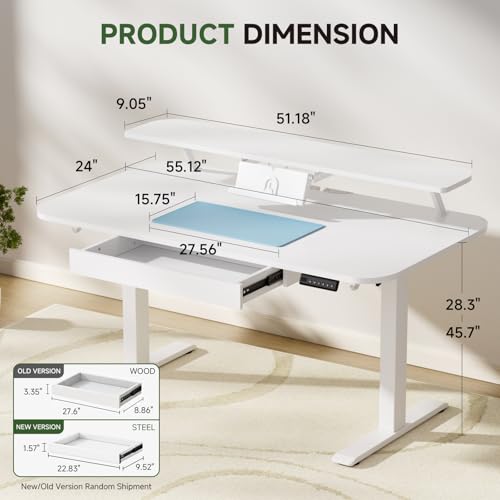 GTPLAYER Electric Standing Desk with Drawers, 55 x 24 Inches Height Adjustable Computer Desk with Monitor Stand, Laptop Stand, Sit Stand up Desk with Memory Preset for Home, Office, White - color: White, size: 55 x 24 Inches