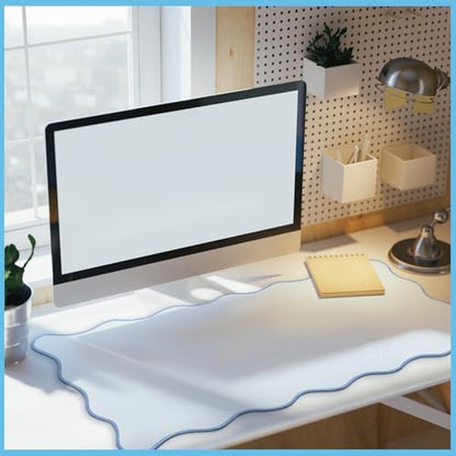 Hahafelt Scalloped Desk Mat Large Desk Pad Cute Coquette Table Mat Back to School Preppy Table Make up Pad Nonslip Graduation Gift with Stitching Waterproof Gaming(Blue,36 x 17 Inches) - color: Blue, size: 36L x 17W inches