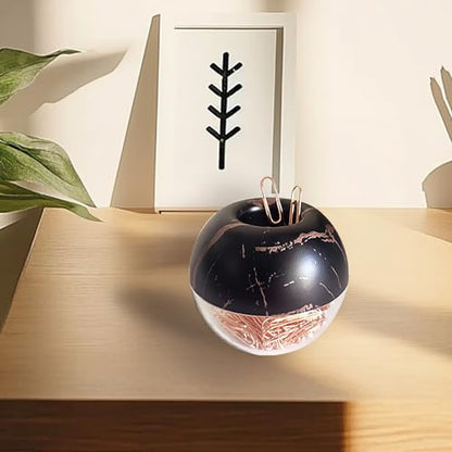 Magnetic Paper Clip Holder, Black Marble Holder with Rose Gold PaperClips 100pcs 28mm(1.1") Cute Office Supplies for Desk Organizer - color: Marbleblack