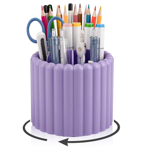 Anyoifax 360° Rotating Pen Holder 7 Slots Desk Organizer Removable Pencil Cup Plastic Art Supplies and Accessories Desktop Storage Box Caddy for Office, School, Home (Purple) - color: Purple, size: Small