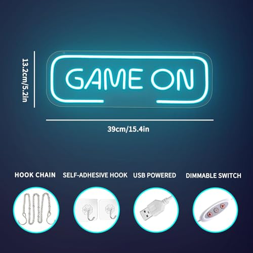 Gaming Letter Neon Sign for Wall Decor, USB Powered Dimmable Ice Blue GAME ON Signs,LED Gamer Neon Sign for Wall Decor,Arcade Room, Game Room, Bedroom, Kids, Boyfriend,Gifts - style: GAME ON