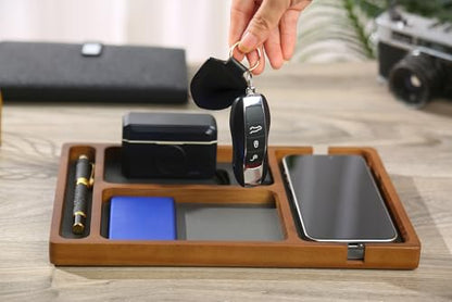 Shinpuru Wooden Valet Tray for Men, Nightstand Organizer with Leather Inlay, EDC Essentials Catchall Tray for Keys, Phone, Wallet, Watch, Earbuds - Bedside Desk Entryway Tray (Wood-Pen) - color: Brown-P