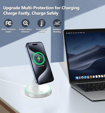 2 Pack Magnetic Wireless Charger Stand 15W Fast Mag-Safe Charger for iPhone iPhone 17 /17 pro/ 17 Air/ 17 pro max 16/15/14/13/12 Series Magnet Wireless Charging Station with Light for AirPods - color: Magnetic Two Pack White