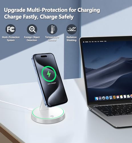 Magnetic Wireless Charger Stand 15W Fast Mag-Safe Charger for iPhone 17 /17 pro/ 17 Air/ 17 pro max 16/15/14/13/12 Series Magnet Wireless Charging Station/Pad with Sleep-Friendly Light for AirPods - color: Magnetic White