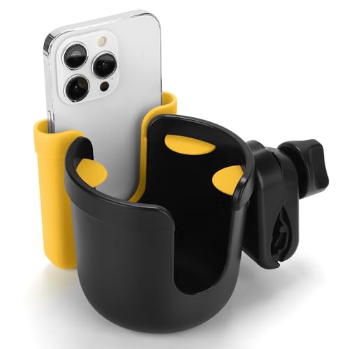 Accmor 2-in-1 Wheelchair Cup Holder, Walker Cup Holder with Phone Holder, Universal Drinks Holder for Stroller, Mobility Scooter, Rollator, Walker, Wheelchair Accessory - color: Black Yellow