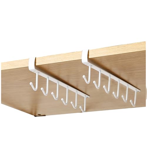 Kitchen Hook Holder Under Cupboard, Under Cabinet Utensils Hanging Hooks Rack, Drilling Free Cabinet Door Hanging Hook Rack,6 Hooks Kitchen Storage Utensil Organizer Hook Rack,2 Pack (White) - color: White 2pcs