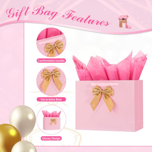 Powbrace Pink Bags with Handles, 13" Medium Gift Bag Set - 1 Gift Bag with Bow, 2 Tissues & Greeting Card for Wedding Baby Shower Fathers Day Mothers Day Birthday Party - color: 1Pcs Bright Pink Glossy – General Purpose, size: 1 count (Pack of 1)