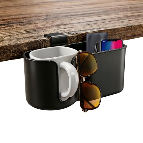Metal Clamp Desk Cup Holder - Multi-Function Desk Organizer with Pen Holder & Phone Stand - Suitable for 8-32OZ Coffee Mups, Water Cups.