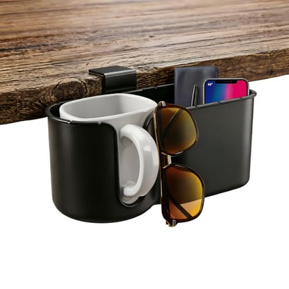 Metal Clamp Desk Cup Holder - Multi-Function Desk Organizer with Pen Holder & Phone Stand - Suitable for 8-32OZ Coffee Mups, Water Cups.