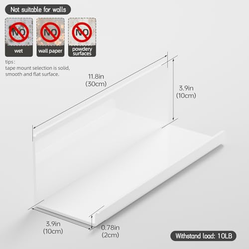 PAVSTINE Acrylic Wall Floating Shelves Set of 2, Wall Shelves White 12 Inch Adhesive Wall Organizer Adhesive Shelf for Bathroom, Kitchen, Bedroom, Office, Gaming Room, No Damage, No Drill - color: White
