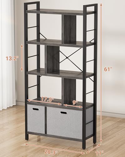 Armocity Bookshelf with Drawers - 5 Tier Tall Bookcase Geometric Modern Book Shelf Display Standing Bookshelves with Storage for Living Room, Bedroom Home Office, Grey Oak - color: Grey Oak