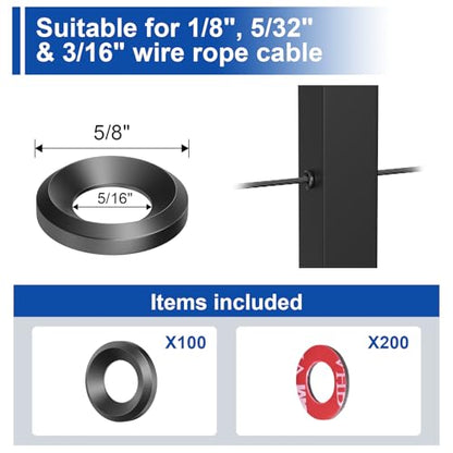 BLIKA 100Pack Black Cable Railing Adhesive Sleeves for 1/8" 5/32" 3/16" Wire Rope Cable, T316 Stainless Steel, 2.8mm Thickness Cable Railing Protector Adhesive Sleeves for Deck Stair Cable Railing Kit - size: Black
