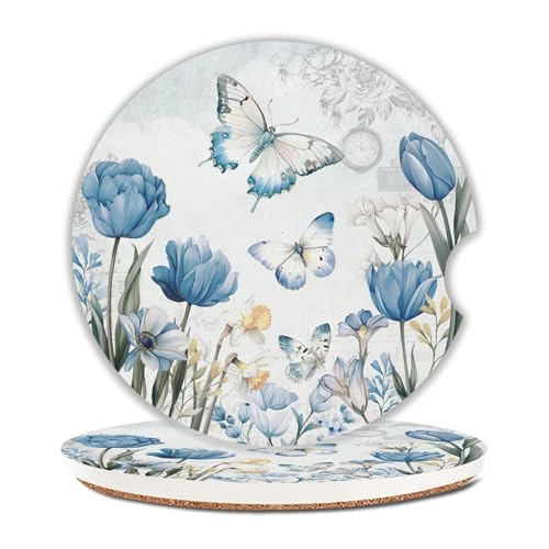 Butterfly Car Coasters Set of 2 for Cup Holder 2.63" Absorbent Ceramic Cup Coaster Non-Slip Cork Base Drink Coasters with Finger Notch Car Accessories Interior for Women Men - color: Butterfly