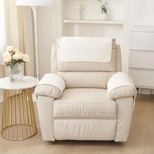 vctops 4 Pieces Velvet Plush Recliner Armrest Cover Headrest Cover with Pockets Soft Fuzzy Non Slip 2 Armchair Slipcovers and 2 Headrest Protector for Recliner Leather Sofa Couch(White,2 Seat) - color: White, size: 2 Persons Set of 4