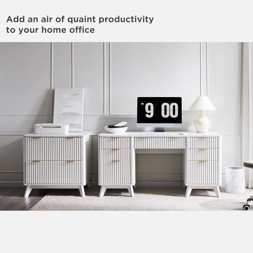 T4TREAM 60'' Fluted Executive Desk with Drawers, Modern Home Office Computer Desk with Charging Station, Keyboard Tray, File Drawer and Storage Cabinet for Study, Living Room, Bedroom, Solid White - color: Solid White