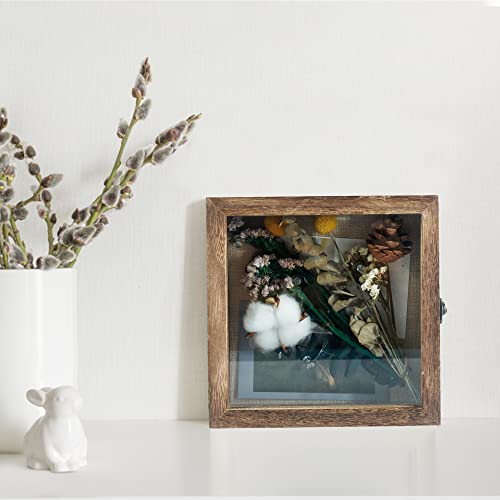 GraduationMall 8x8 Shadow Box Frame Solid Wood Glass Door Display Case with Linen Back and 6 Stick Pins,1.5 inches Interior Depth,Ideal for Memorabilia Pictures Flowers Medals Tickets - color: Carbonized Black, size: 8x8