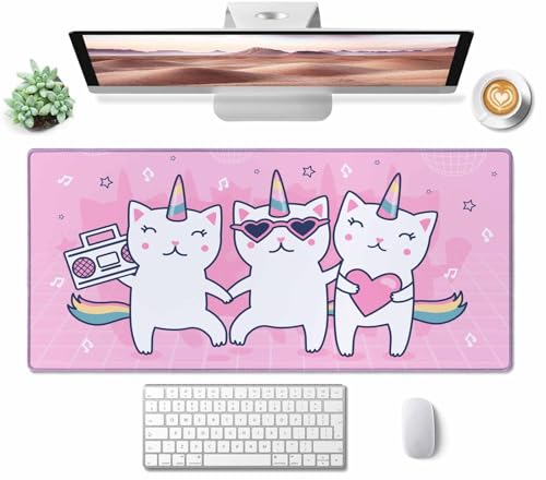 Gaming Mouse Pad, XXL Extended Computer Keyboard Long Mouse Mat, Large Desk Pad for Office Laptop, Non-Slip Rubber Base with Stitched Edge Mousepad, 31.5X15.7 inch Cute Unicorn Cat Pink - color: Cute Unicorn Cat Pink, size: 31.5L x 15.7W inches