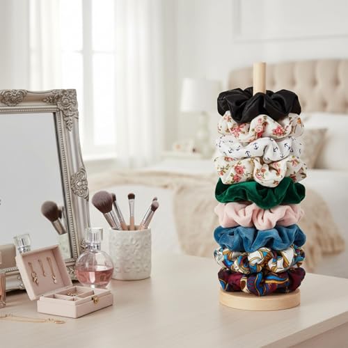 2 Pcs Scrunchie Holder Stand, Wood Hair Tie Organizer Vertical 15-20 Scrunchies Hairs Accessories Organizer Display Scrunchy for Women Bathroom Bedroom Decor