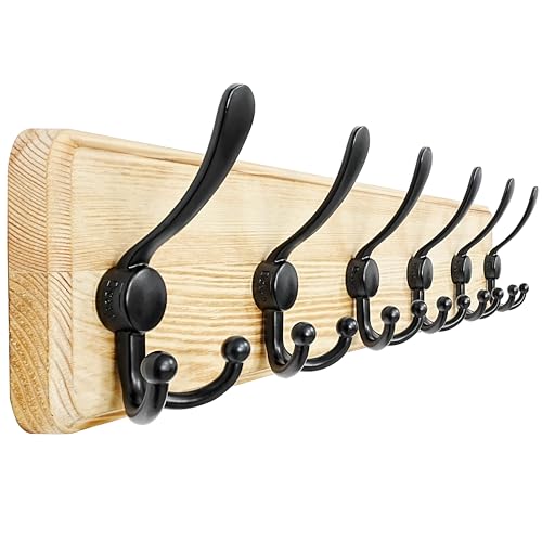 Dseap Coat Rack Wall Mounted - 24" Long 6 Tri Hooks, Heavy Duty Wooden Wall Coat Hanger Coat Hook for Clothes Hat Jacket Clothing, Weathered Light Natural and Black - color: Light Brown & Black, size: L=24"