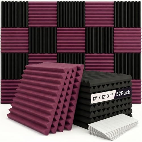 52 Pack Black/burgundy12 "X 12 "X1" Acoustic Panels Studio Soundproofing Foam Wedge Tiles(Accompanied By Double-Sided Adhesive Tape) - color: Black/burgundy