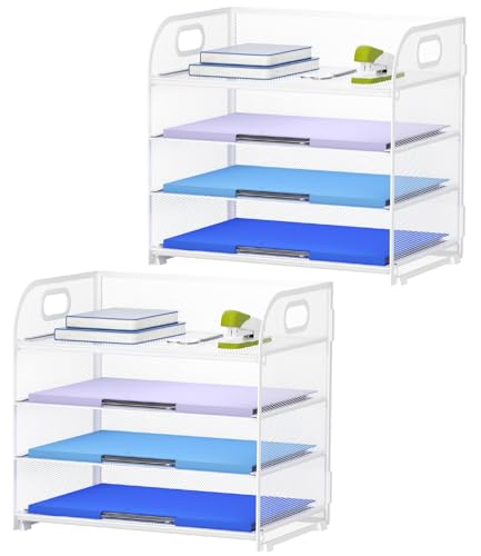 Marbrasse 2 Pack 4 Tier Paper Organizer Letter Tray - Mesh Desk File Organizer with Handle, Paper Sorter Organizer for Letter/A4 Office File Folder Holder (White, 12.6" x 9.1" x 10.7") - color: White-2p