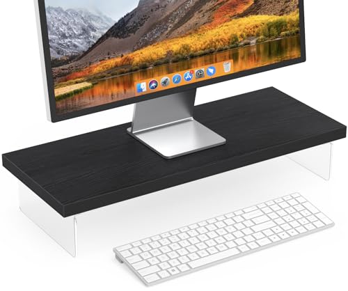 Monitor Stand Riser, Wood & Acrylic Computer Monitor Stand Desk Desktop Organizer Table For Home, Office Workspace, Laptop Riser, Printer, PC & TV Screen Riser - color: Black Oak, size: 25*10 Inch
